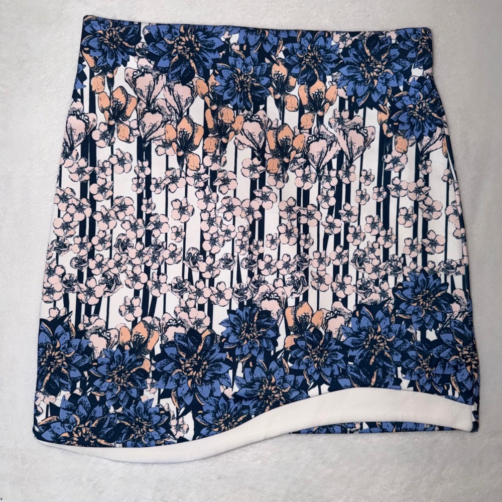 Jealous Tomato Floral Striped Mini Skirt Asymmetrical Hem Blue Peach  L